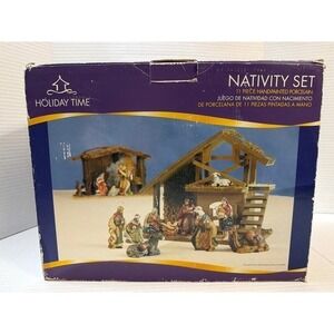 Holiday Time 11 Piece Hand-Painted Porcelain Nativity Set with Wood Manger